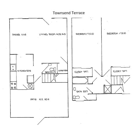 A drawing of a floor plan for a house with labeled rooms such as dining and living room.